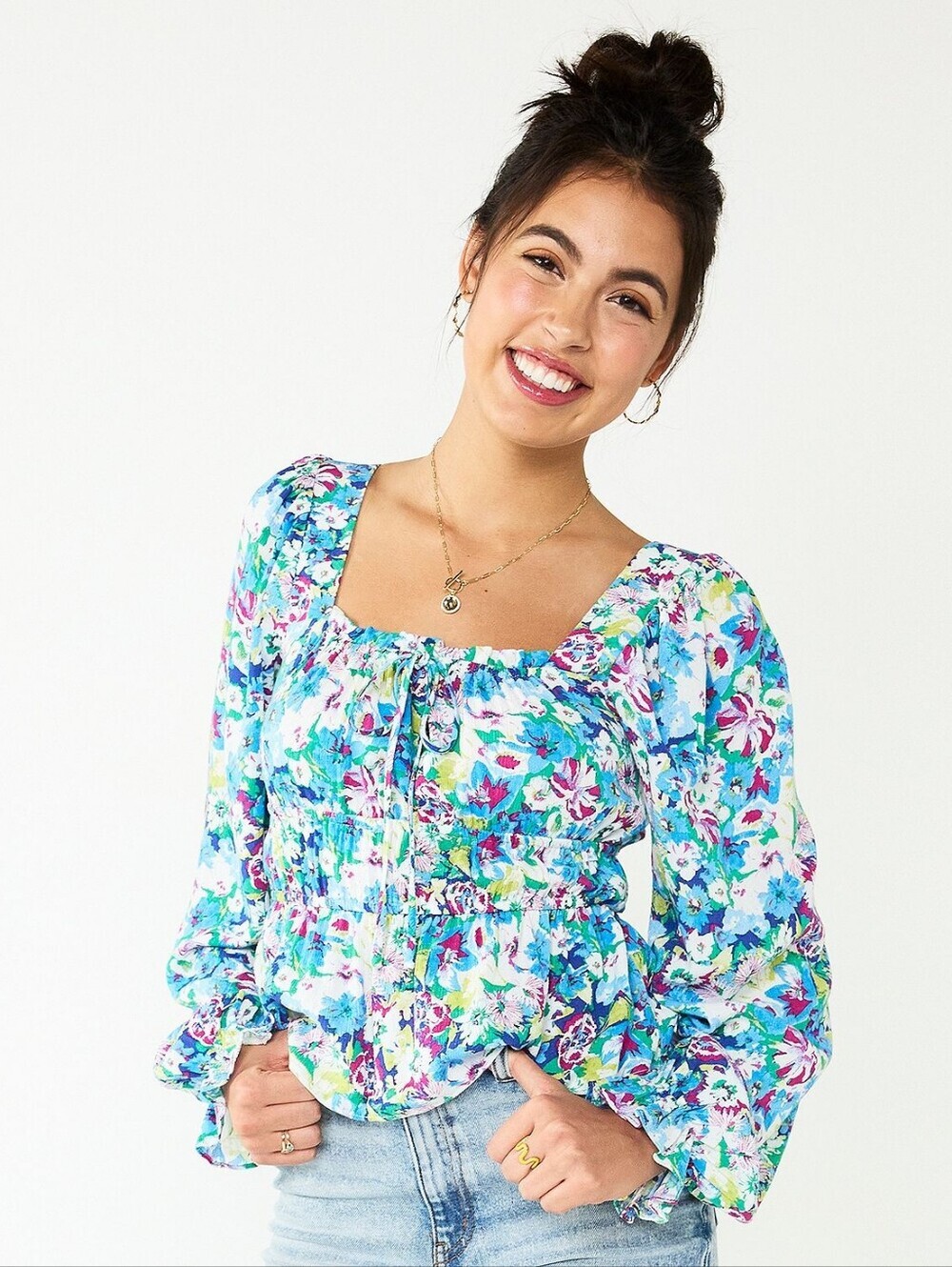 SO Juniors Squareneck Peplum Blouse Blue Multi Floral Balloon Sleeve M
